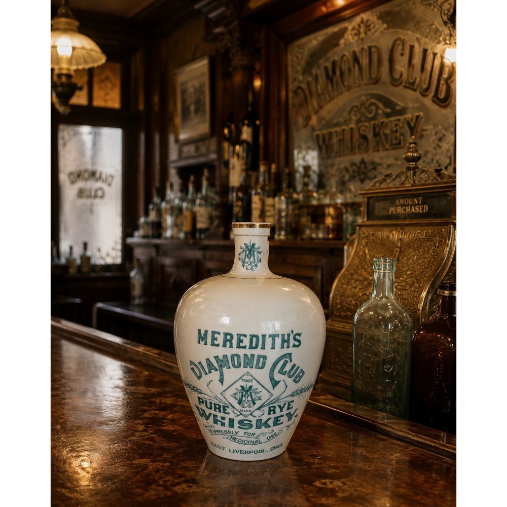 Meredith's Diamond Club Rye Whiskey Jug Pitcher K.T.&K. Antique 8.5" Tall